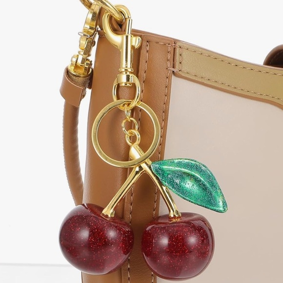 Cherry bag charm with green leaf and Gold Hardware perfect for your coac… - Picture 2 of 3